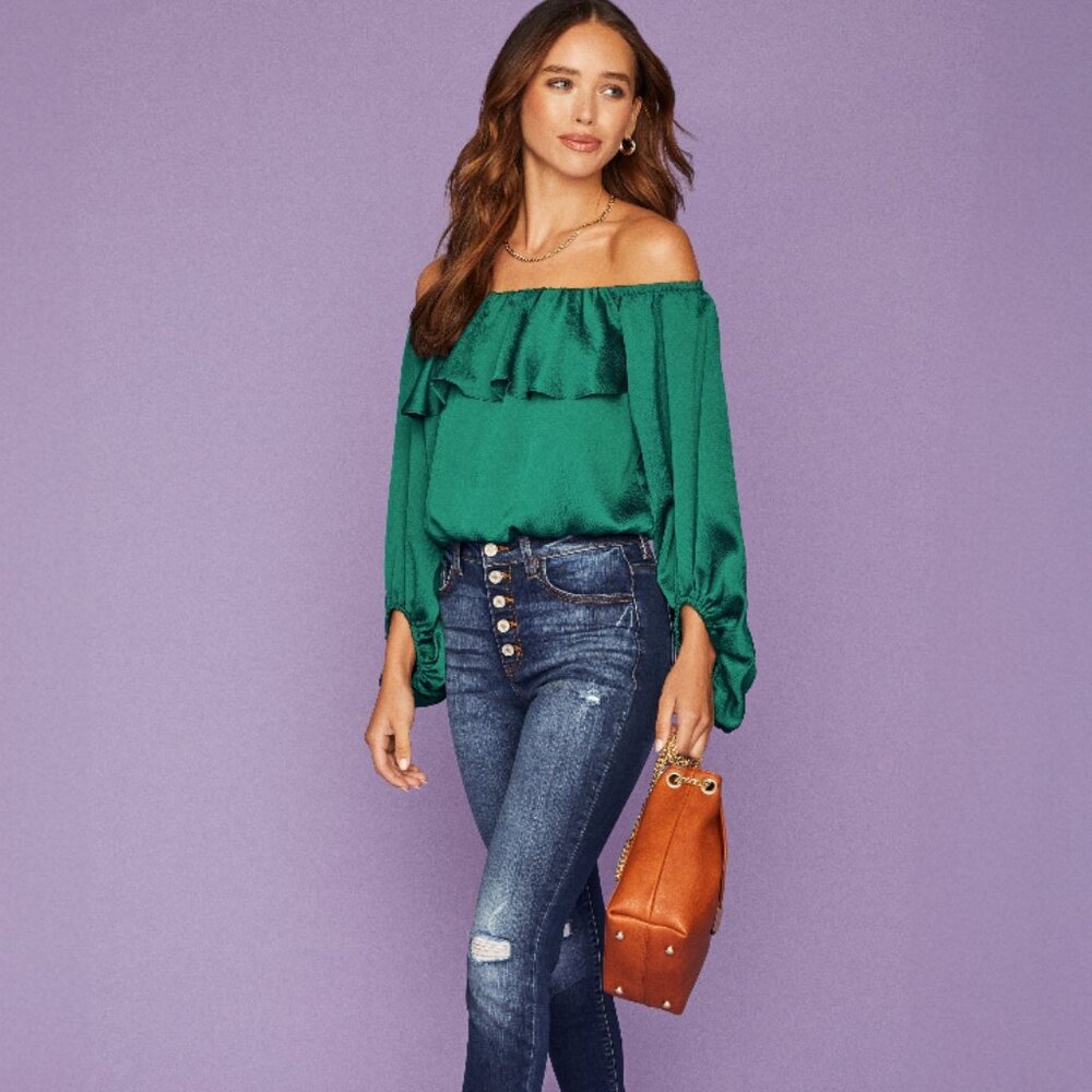 Vici Silky, Balloon Sleeve Off The Shoulder Blouse - Hunter Green, Size Small